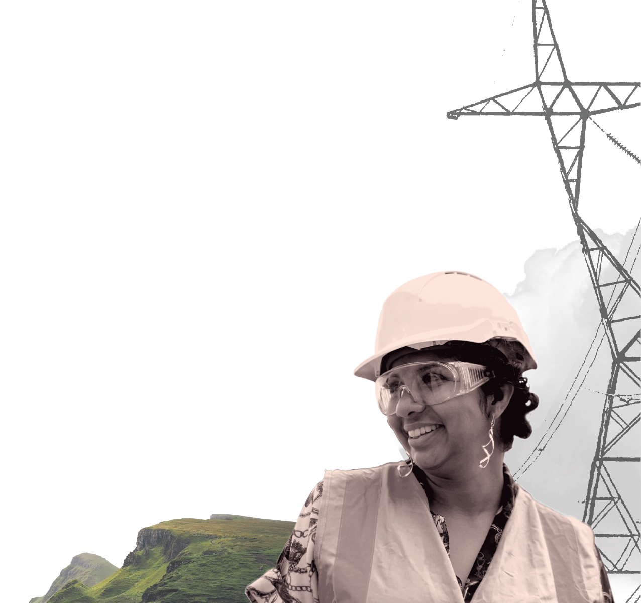Collage of Woman Civil Engineer in hard hat; powerlines